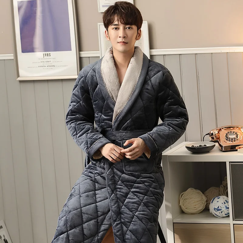 Big Size M-2XL Winter Men Bath Robe 3 Layer Clip Cotton Bathrobe Male Thick Dressing Gown Pijamas Hombre