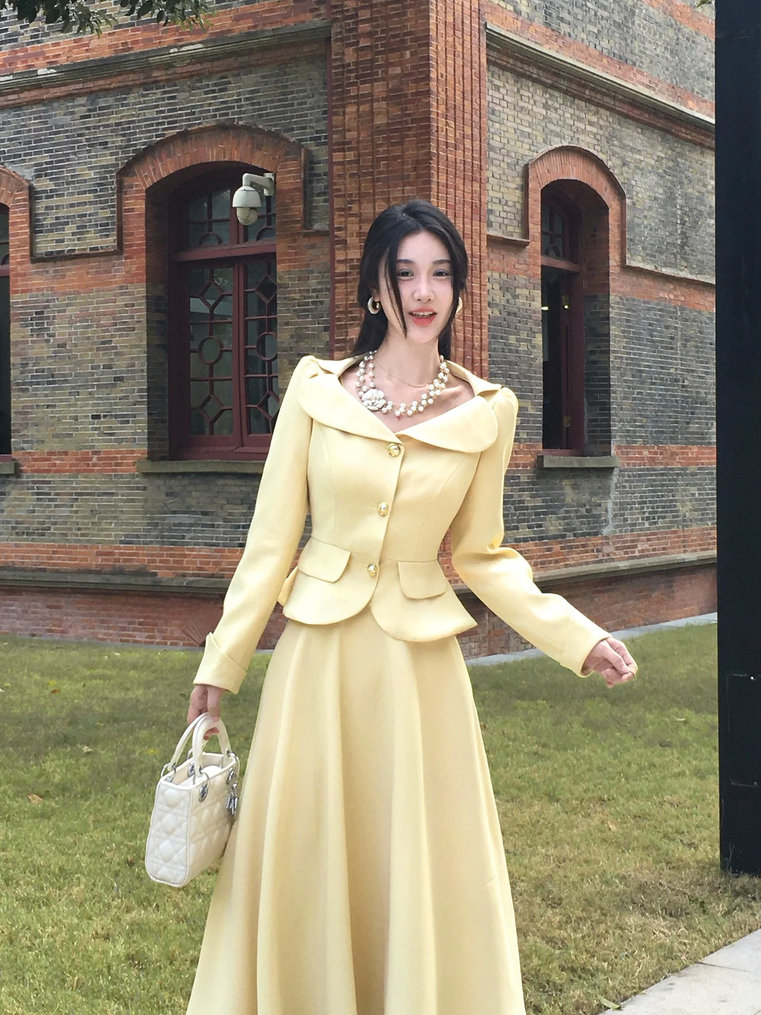 

RoseFang ancheng Rose Women's Suit Set Waist-Cinching Jaet And Midi Skirt French Sle Floral Print Long Sve