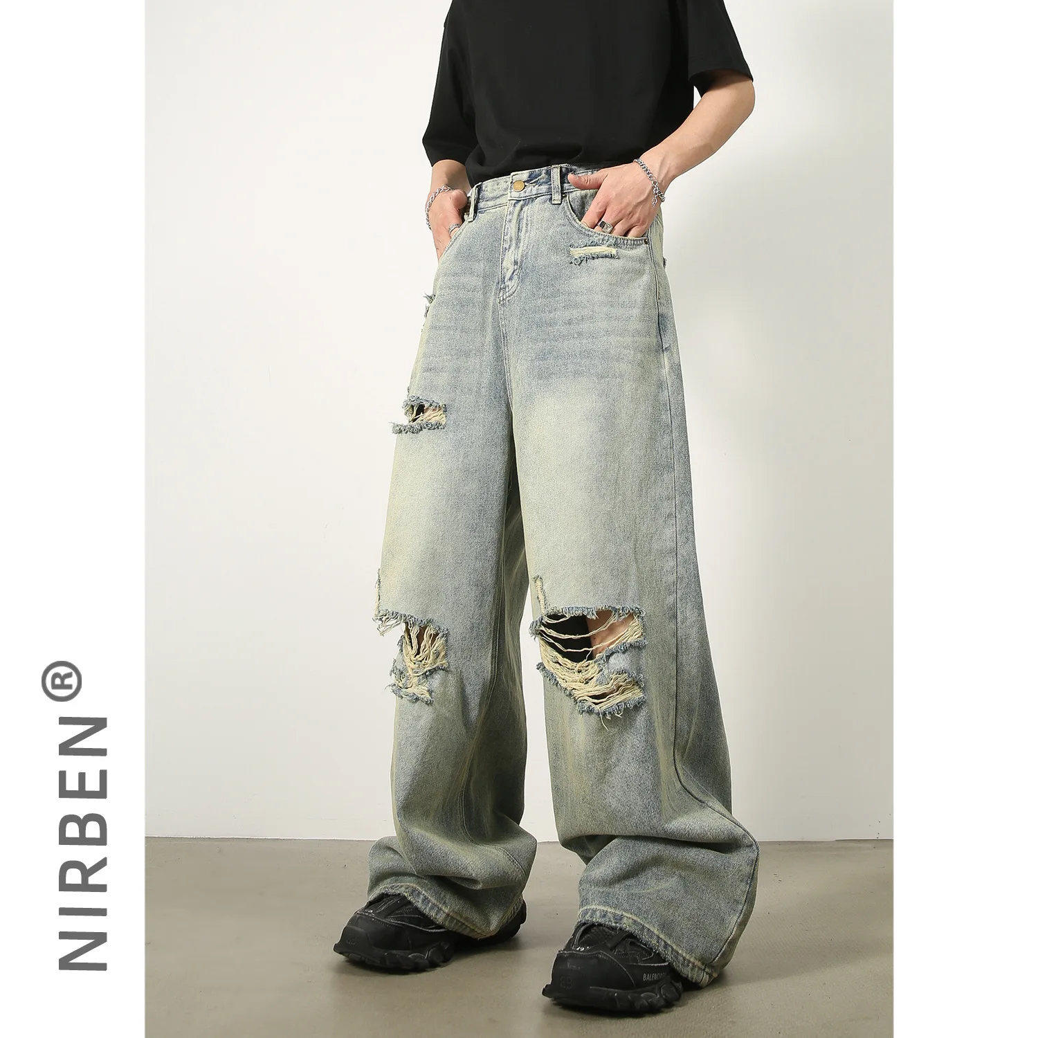 Denim Pant Men Jeans Vintage Washed Straight Pants High Waist Distressed Hole Full Length Trousers Y2k Streetwear Casual Spring