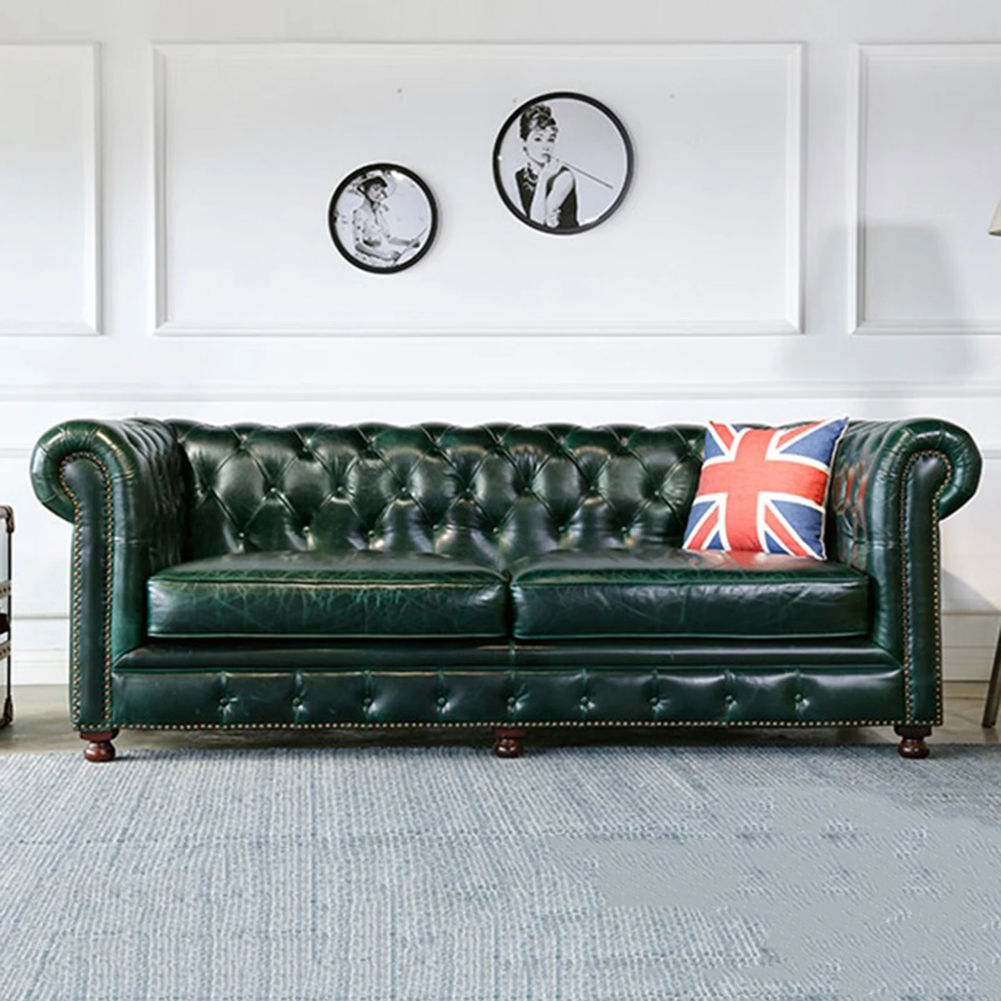 American style, first layer cowhide, oil wax leather, retro, living room, combination, three-person sofa, luxury