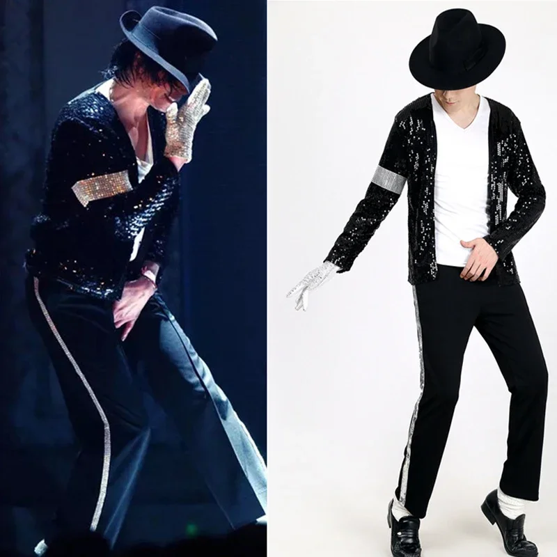 MJ Michael Jackson Coat Billie Jean Jacket Glove Modern Dance Cosplay Costume Adult Clothing Hallowmas Party Cos Set Men Tshirts