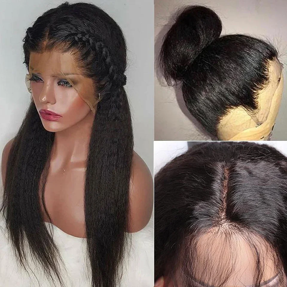 

Natural Black Yaki Soft Long 26Inch Kinky Straight Lace Front Wig For Black Women Synthetic Preplucked Glueless Baby Hair Daily