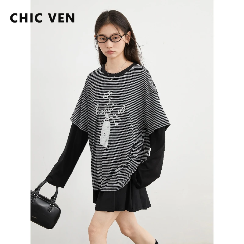 CHIC VEN 패션 여성 티셔츠 루즈 캐주얼 긴팔 스트라이프 O넥 패치워크 티 여성 탑 봄 가을 2026