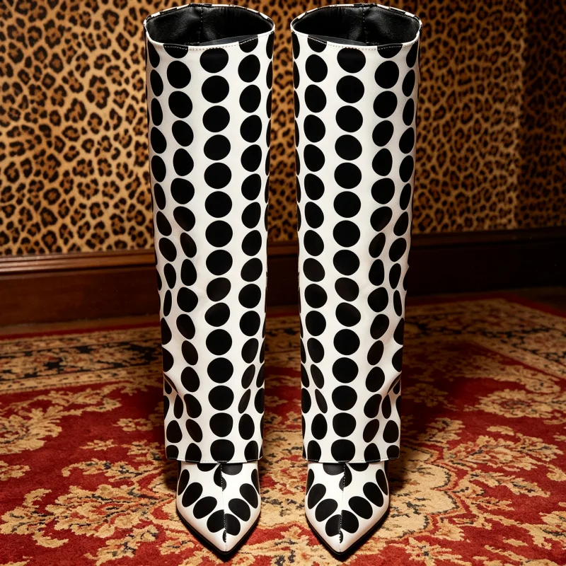 Black Polka Dot Print Pointed Toe Knee High Boots Women Slip On Thin Heel Stretch Long Boots Fashion Trendy Party Banquet Shoes