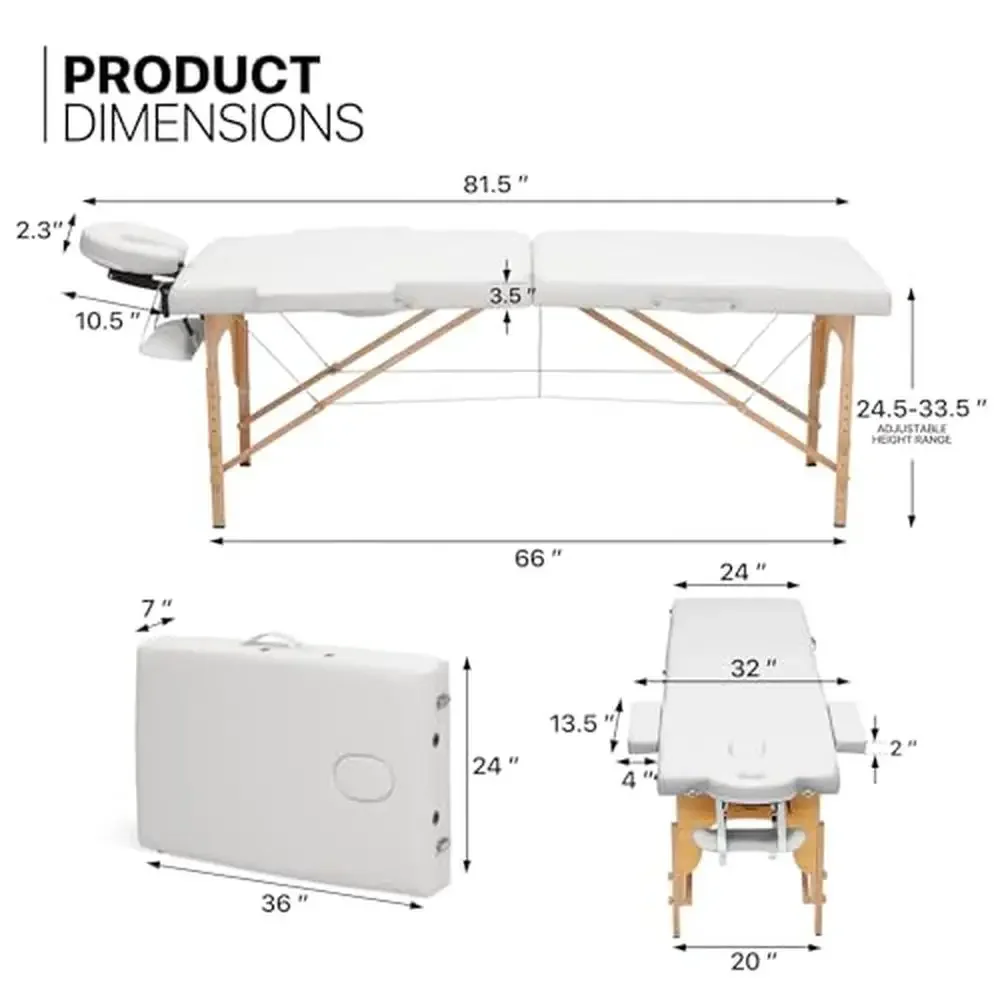 2 Fold Portable Massage Table Height Adjustable SPA Bed Carry Case Beechwood Frame Foldable Clean Hygienic Vinyl Cover Non-Slip