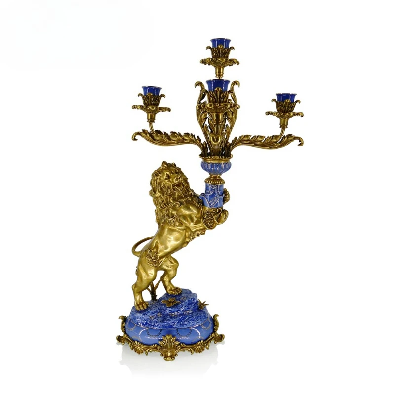 Exclusive Luxury French Baroque Copper Porcelain Golden Lion Base Candlestick Antique Decorative Candlestick Candlestick