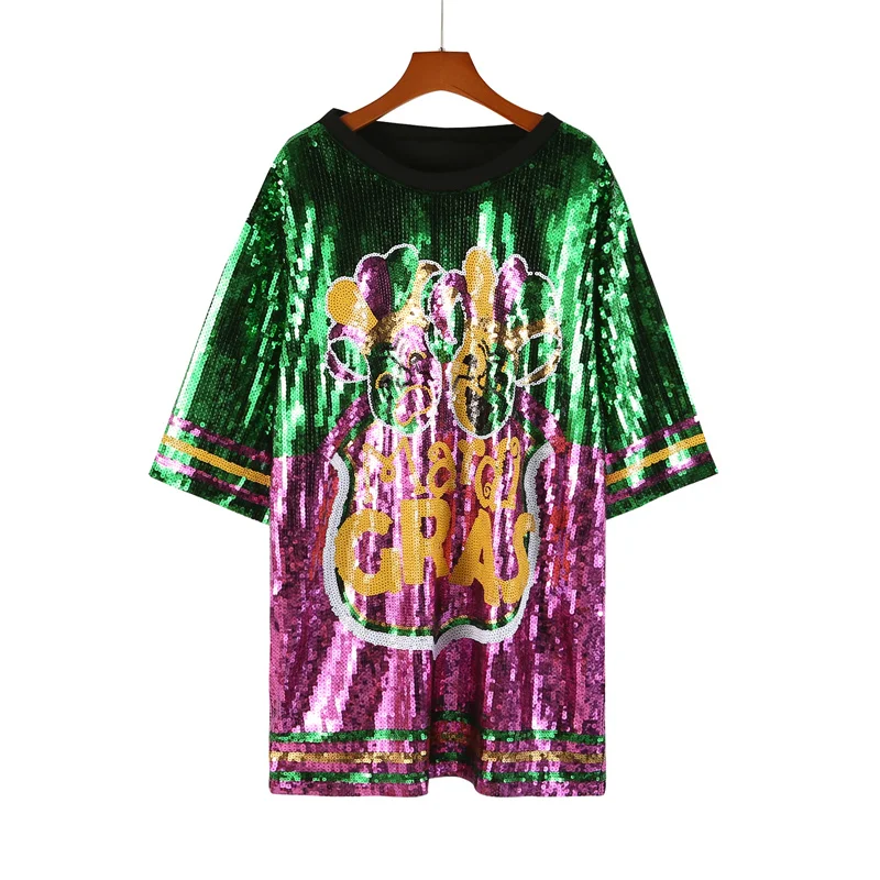 

Summer Striped Patchwork Color Sequins Streetwear Cartoon Letter Short Sleeve T-Shirt Round Neck Hip Hop Night Club Women's Top