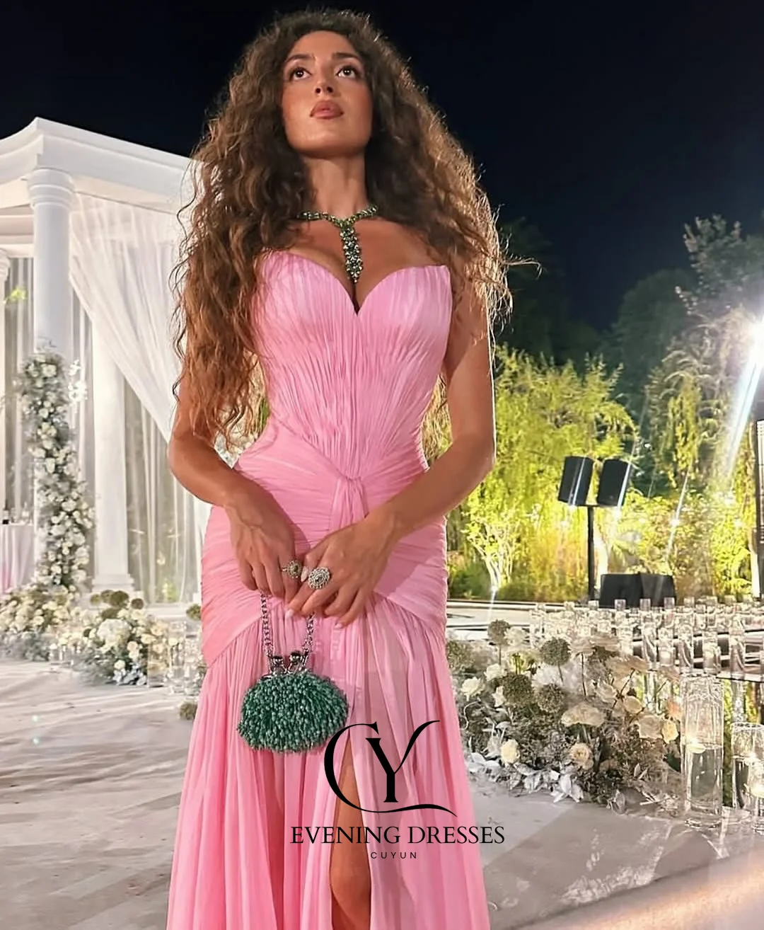 Cuyun novo luxo rosa feminino vestidos de noite sem alças chiffon plissado vestido de festa personalizado formal ocasião vestido de banquete