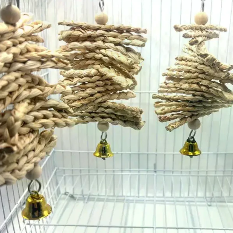 Parrot Teething Chew Toys Corn Husk Braided Bell String Wear Resistant for Pet Parrot Home Cage Play Training Use