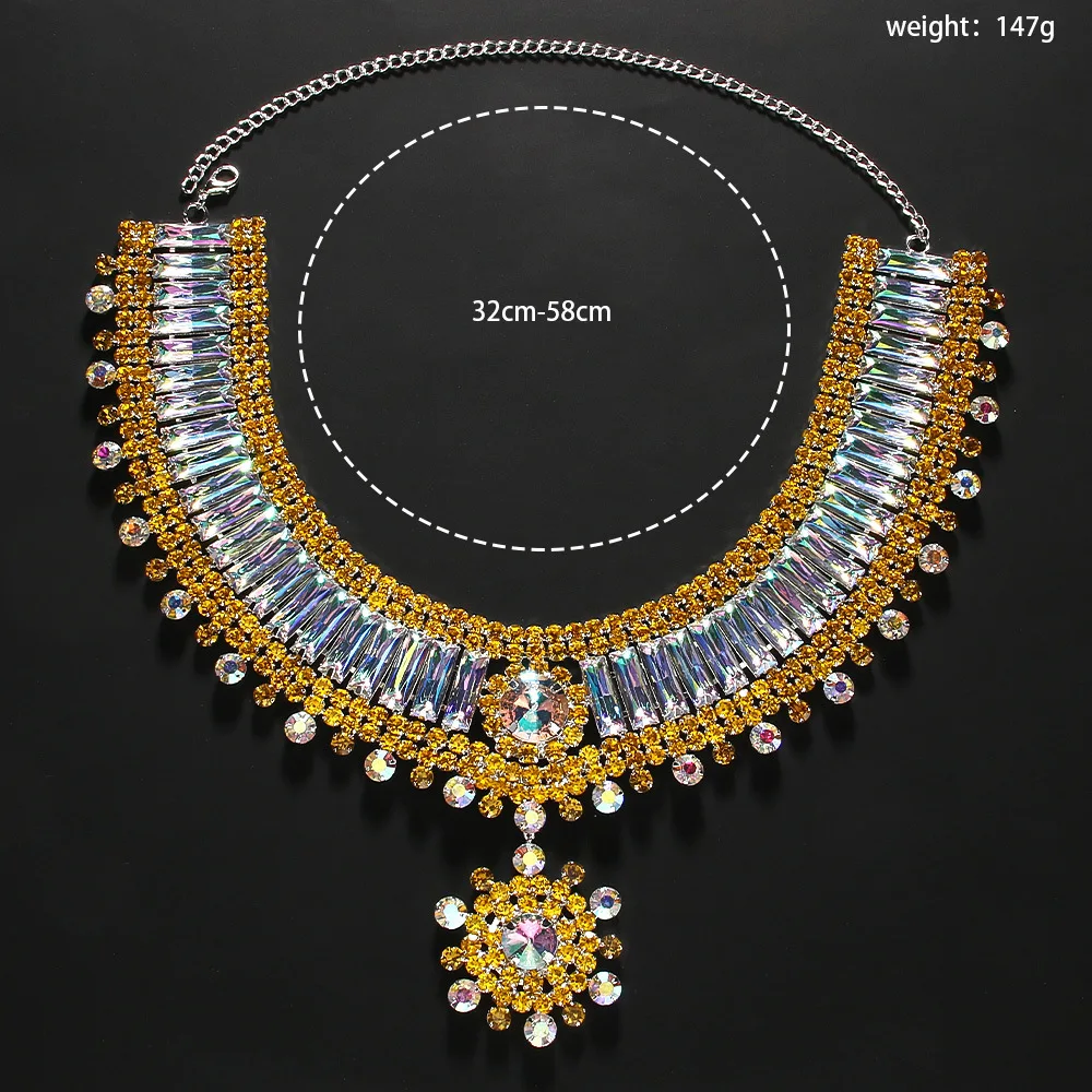 Yellow Flower Exaggerate Necklace Pendent Statement Jewelry Elegant Bridal Chunky Rhinestone Choker Necklace for Women Gifts
