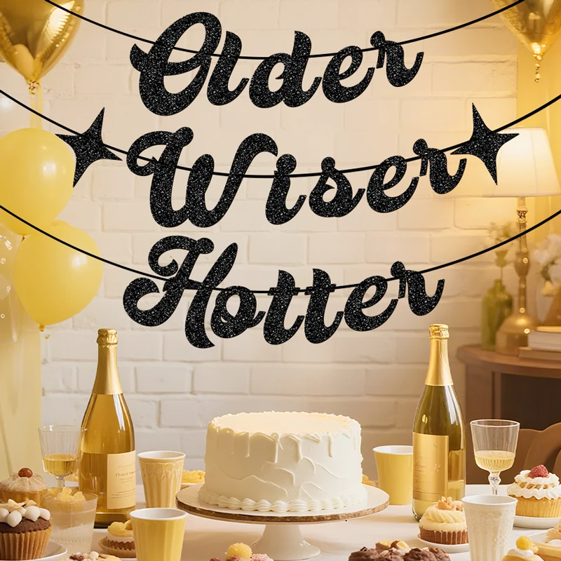 YOMDID Glitzer-Banner „Older Wiser Hotter“ mit Sternen, Geburtstagsparty-Banner für Halloween, Weihnachten, Innen- und Außendekorationen – Detail 10