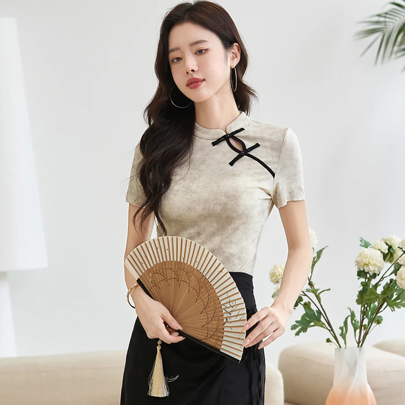 New Chinese Style Women's Slim Fit T-Shirt Round Neck Short Sleeve with Button Detail Fashion Blouse