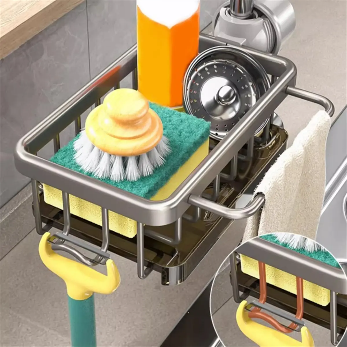 A75K Sponge Holder Over Faucet Kitchen Sink Organizer, Space Aluminum Detachable Hanging Faucet Drain Rack with Hook Silver