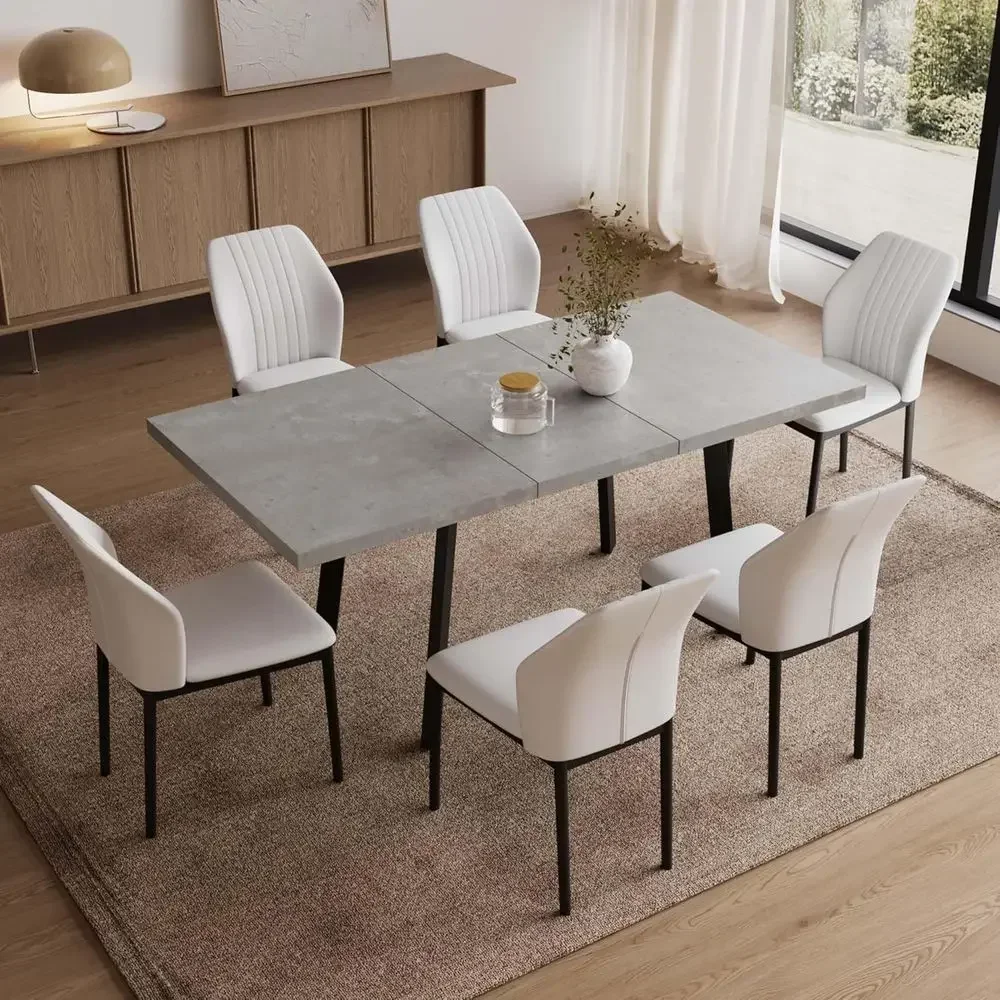 62.9 Expandable Dining Table with 6 PU Leather Chairs, Thickened Wooden Table for Dining Room, Kitchen, Office