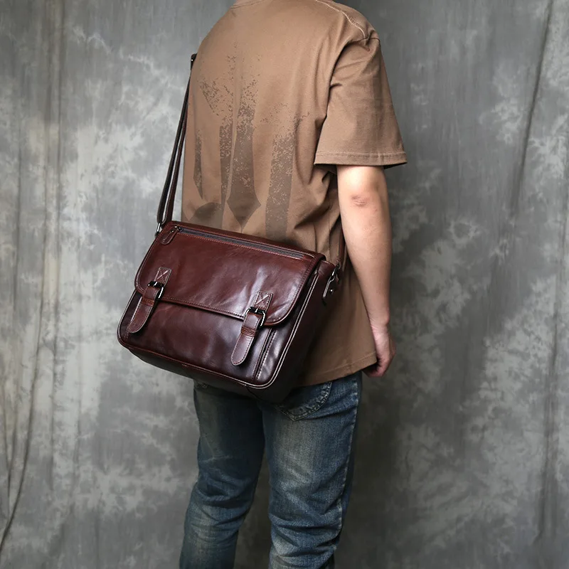 In Stock Retro Leather Men's Bag Crossbody Bag Casual Top Layer Cowhide Cover Shoulder Bag Large Capacity Mailman Bag