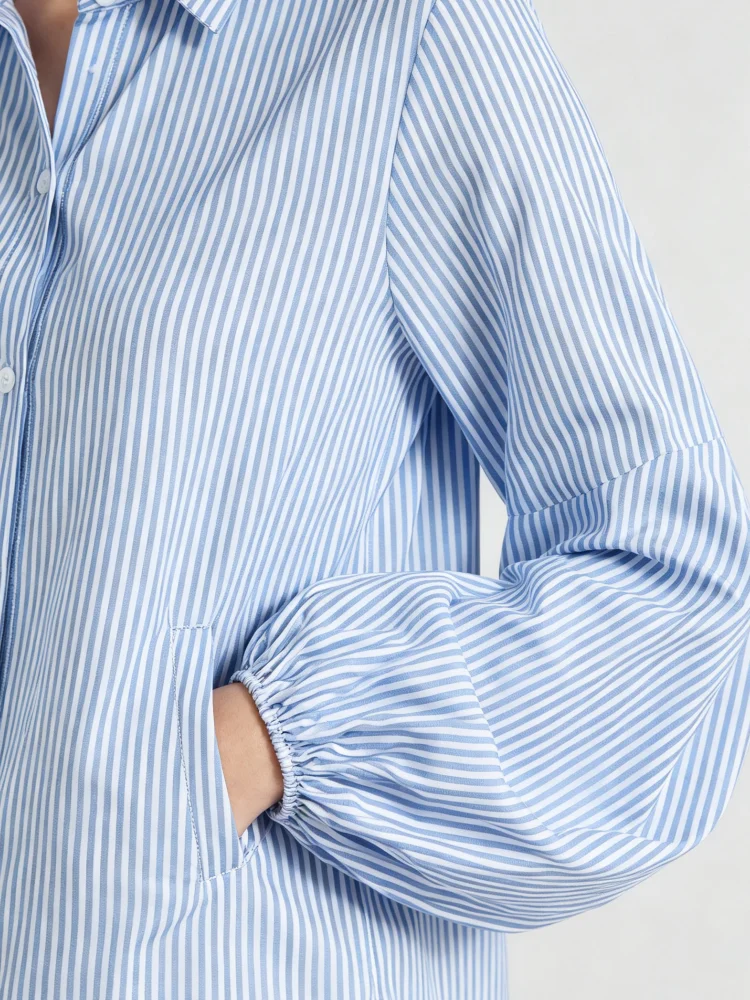Women Blouse Blue White Vertical Striped Lapel Collar Lantern Long Sleeve Button Down Loose Fit Shirt Casual Office Daily Wear