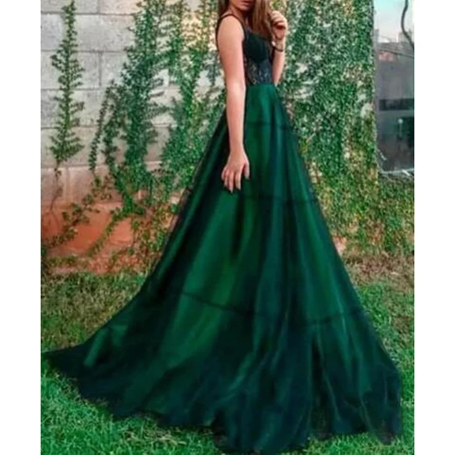 Abito da ballo a trapezio con scollo a cuore in tulle verde con applicazioni di pizzo e fionda da principessa, lunghezza del pavimento, abiti da strascico per le donne 2025