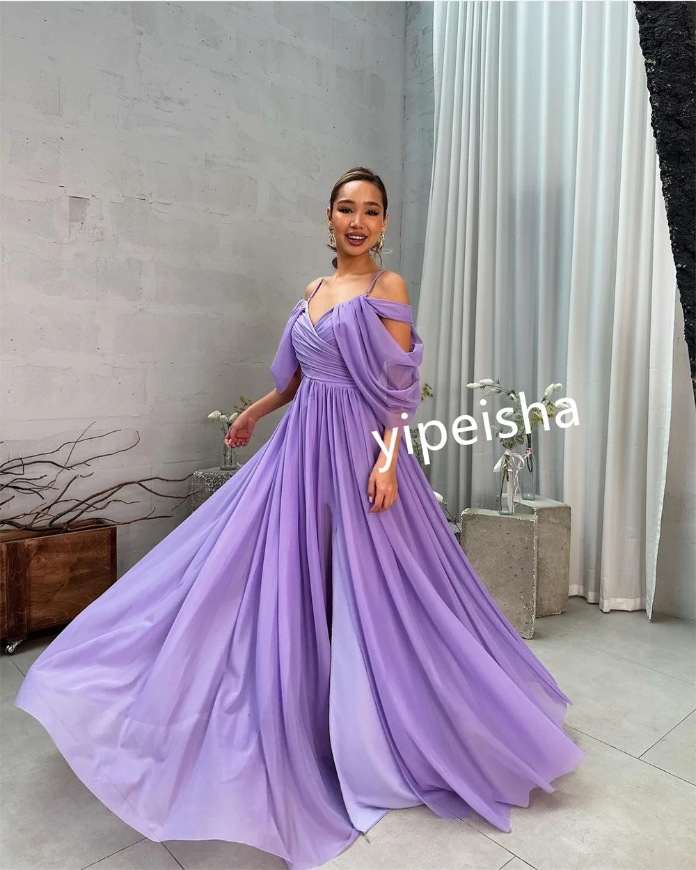 Customized Formal Chiffon Pleat A-line Off-the-shoulder Long Dresses Cocktail  Modern Style Pastrol Retro Casual Sparkle 