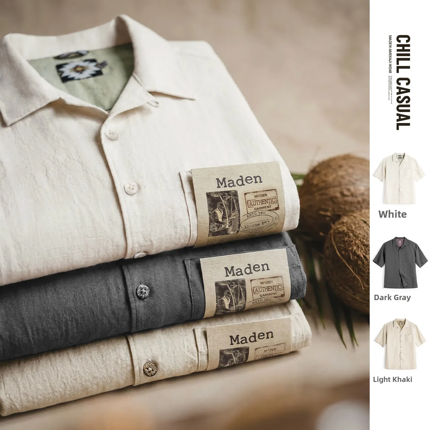 Maden Men's Loose Fit Short Sleeve Shirt  Cuban Collar Casual Comfortable American Style Outerwear Summer Fashion