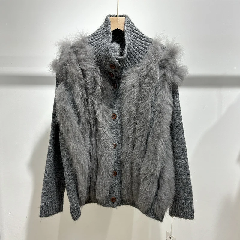 Women Autumn Grey Real Fox Fur Decoration High Collar Sweater Knitted Chocolate Mandarin Collar Light Grey Overcoat
