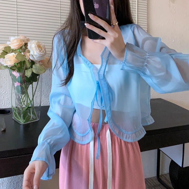 Cárdigan de gasa transpirable con volantes y cuello en V para mujer, blusa Sexy para vacaciones y playa, chaqueta fresca en polvo para mujer