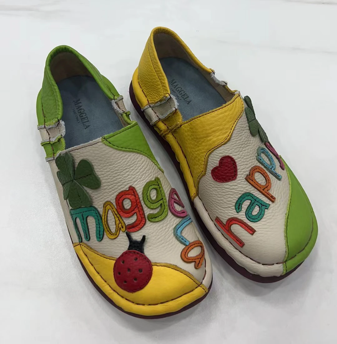 Careaymade-أحذية نسائية من الجلد الطبيعي، أحذية نسائية كاجوال مريحة مصنوعة يدويًا بخياطة سميكة من الأسفل