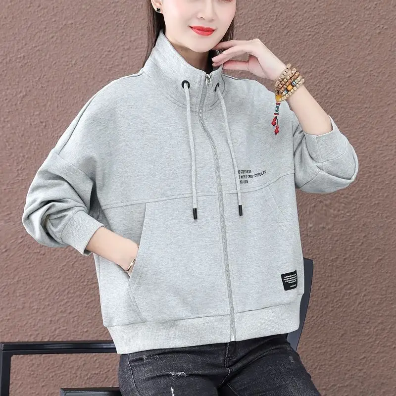 Autumn Winter New Women\'s Solid Color Stand Collar Drawstring Zipper Spliced Coats Fashion Simplicity Loose Casual Jackets Tops