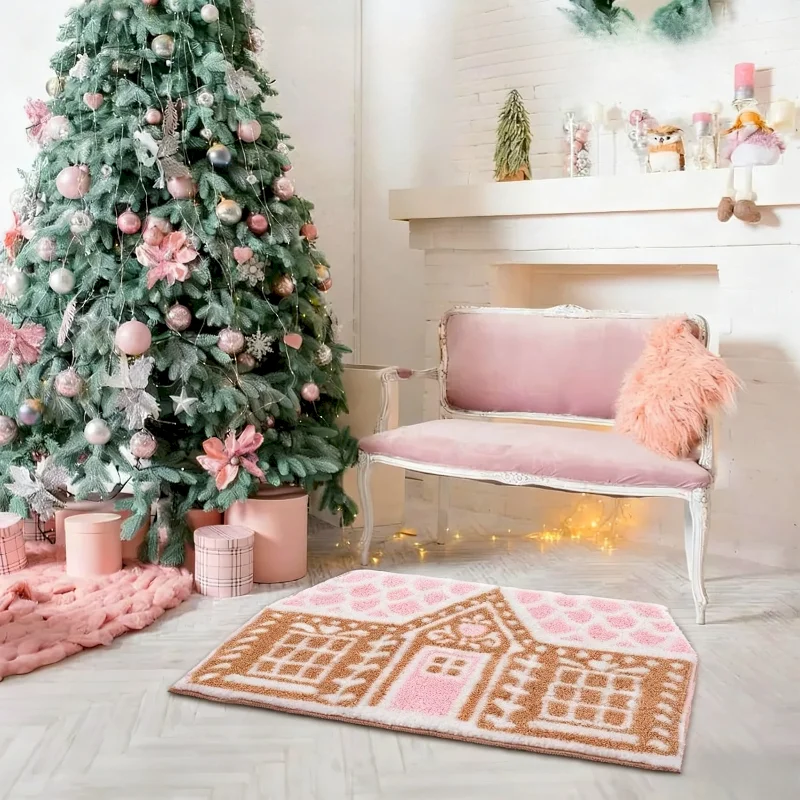 VIKAMA Christmas Pink Gingerbread House Door Mat Soft Anti Slip Water Absorbing Carpet Entrance Bedroom Home Decoration