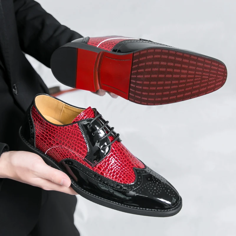 

Red-bottom Men Business Brogues Shoes Men Casual Lace-up Stylish Office Formal Shoes Wedding Party Shoes for Men Sizes 38-46