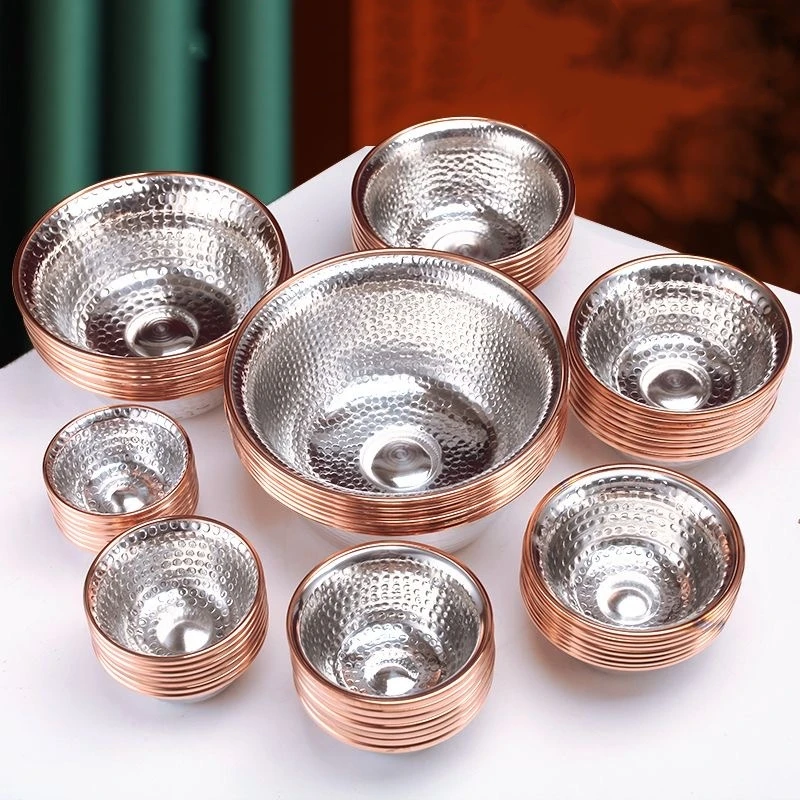 7pcs Pure Copper Tribute Bowl, Auspicious Hammer Stripe Tibetan Bowl 18cm Holy Water Cup Buddhist Home Saucer Desktop Decorative