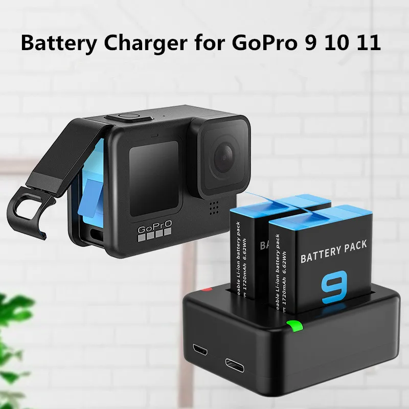 Dual Port Slot Double Battery Charger For Gopro Go Pro Hero 12 11 10 9 Black with USB Cable Action Camera For Gopro Accessory