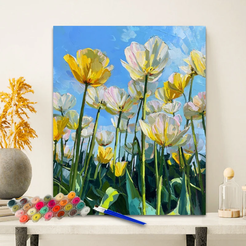 Painting By Numbers Yellow and white tulips Anniversary gift on Digital Painting Canvas Acrylic Paint Image Digital Coloring