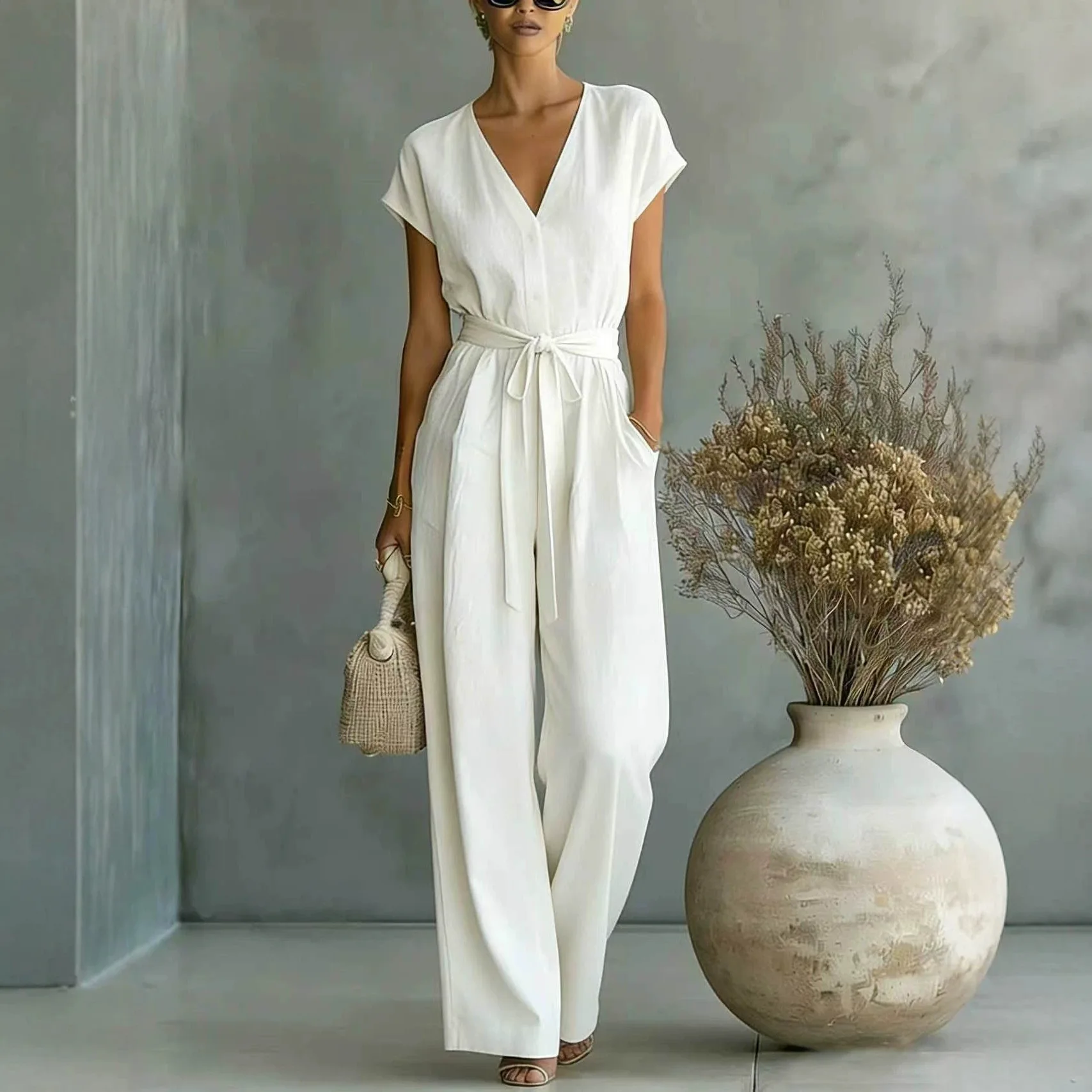 

2026 Summer Commute V-Neck Waist Belted One-Piece Suit Women's High Waist Long Pants Straight Cut No Brand Registered Trademark