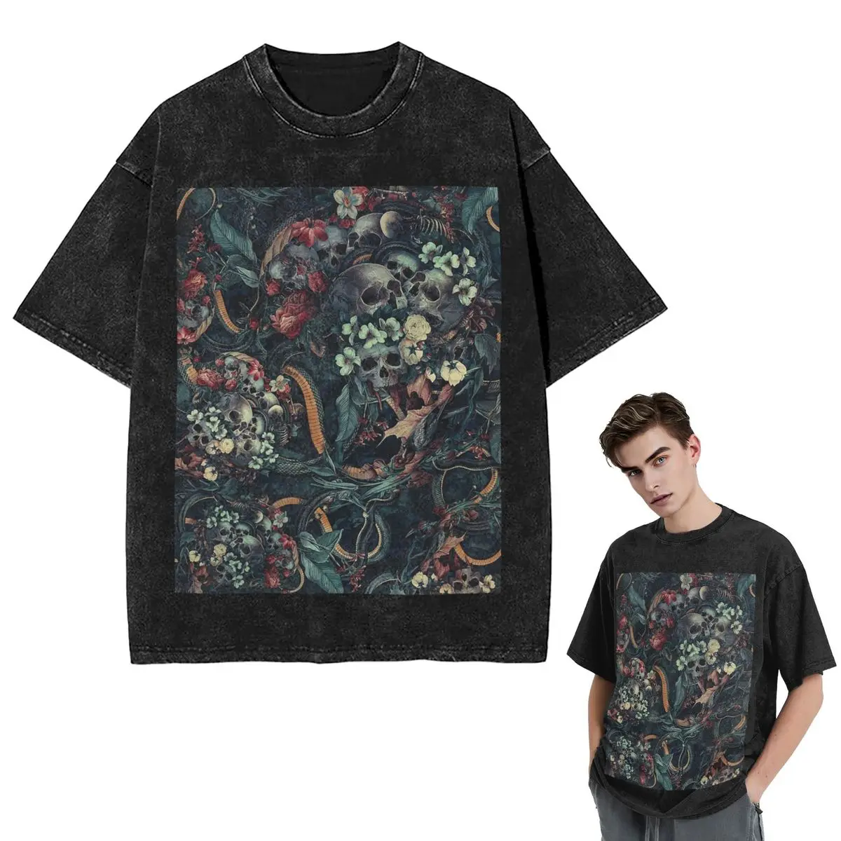 

Уличная одежда, футболки с черепами и змеями, стираная футболка с коротким рукавом, футболка в стиле хип-хоп, топы, футболки для мужчин и женщин