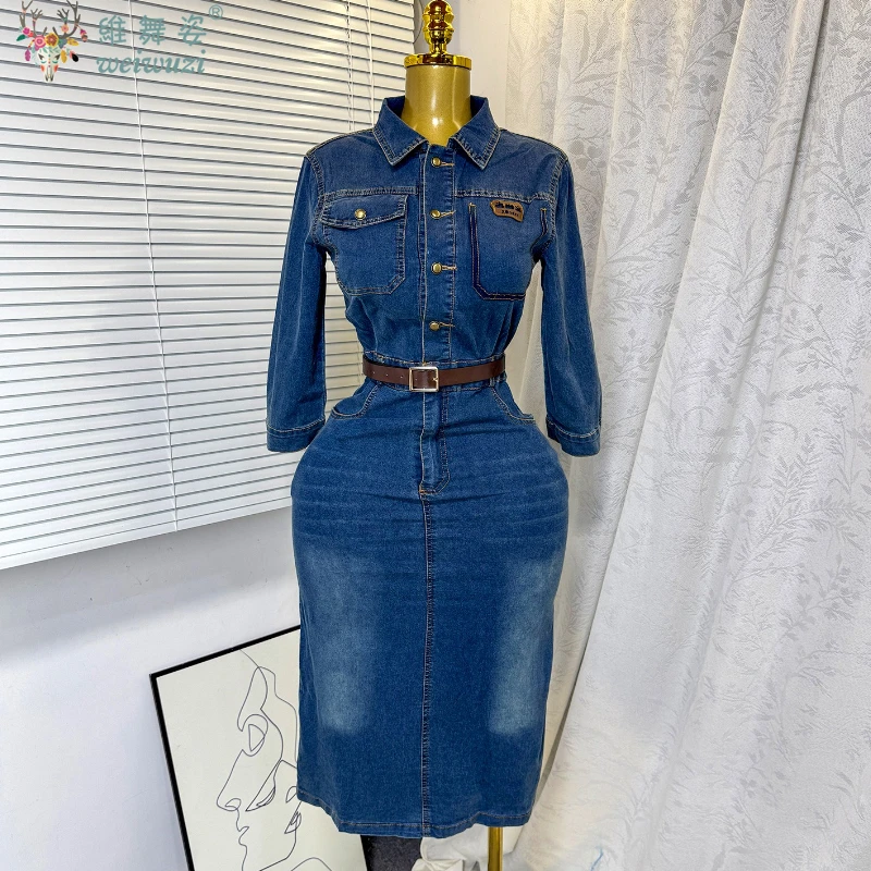 

Elegant Women's Denim Dress with Belt Soft Autumn High-quality Split Design Fashion Long Sleeve Jeans Dresses Causal Streetwear