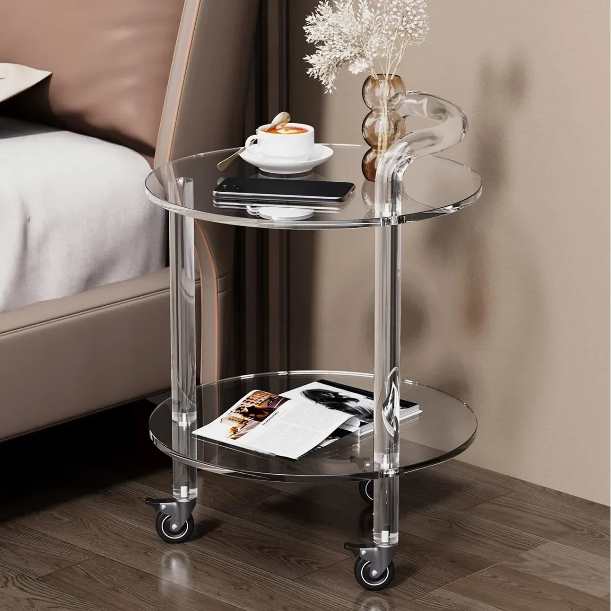 

Acrylic side table with wheels Small round bar car Acrylic service car Small side table Home decoration coffee table