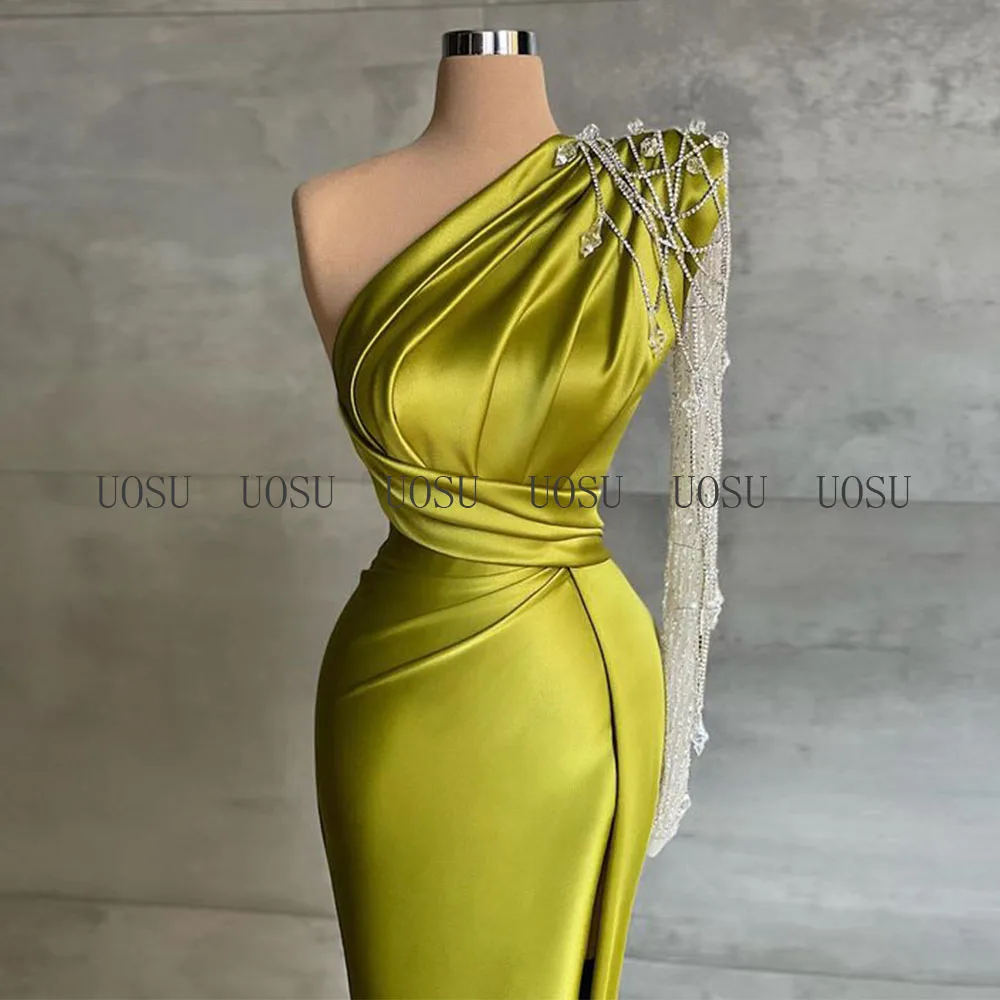 Green Satin Prom Dresses 2023 One Shoulder Long Sleeve Mermaid  Gown  Pleat Side Slit Formal Women\'s Wedding Party Dress