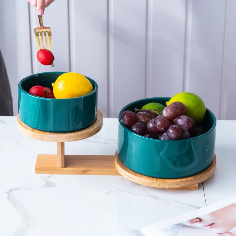 Ceramic Fruit Plate Solid Color Salad Bowl Two-piece Wooden Base Dessert Snack Tray Dishes Decorative Tableware