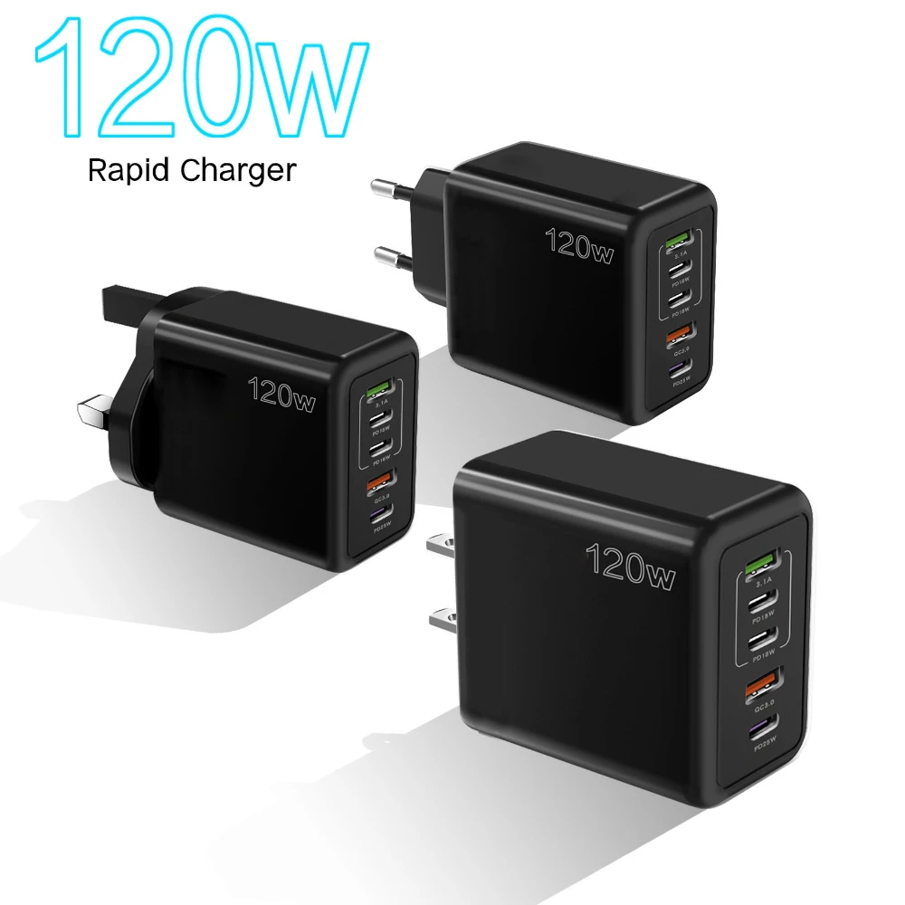 

120W 3PD+2USB Mobile Phone Charger EU/US/UK Plug Multi Port Fast Charging QC3.0 Mobile Phone Adapter for iPhone Xiaomi Samsung