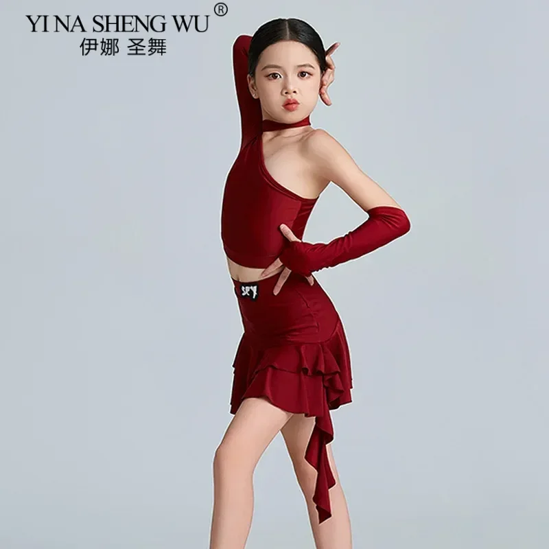 Ragazze Bambini Abiti da ballo latino Abito rosso Cha Cha Rumba Samba Pratica di allenamento Top Gonna Abito Dancewear per lezioni di performance