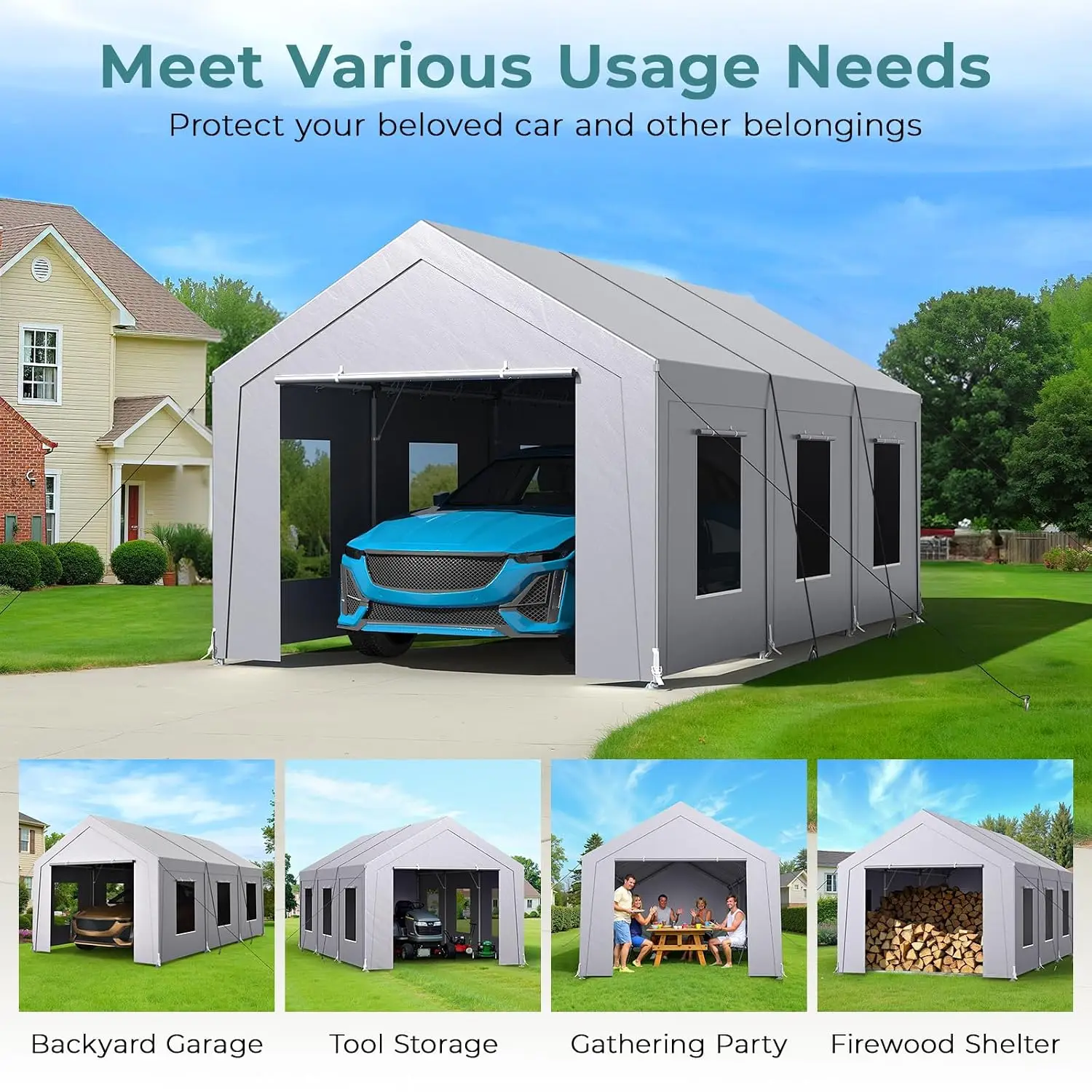 Carport 10x20 ft Heavy Duty, Car Port with Reinforced Steel Frame and 6 Roll-up Windows, Portable Garage with Sturdy, Custom view 6
