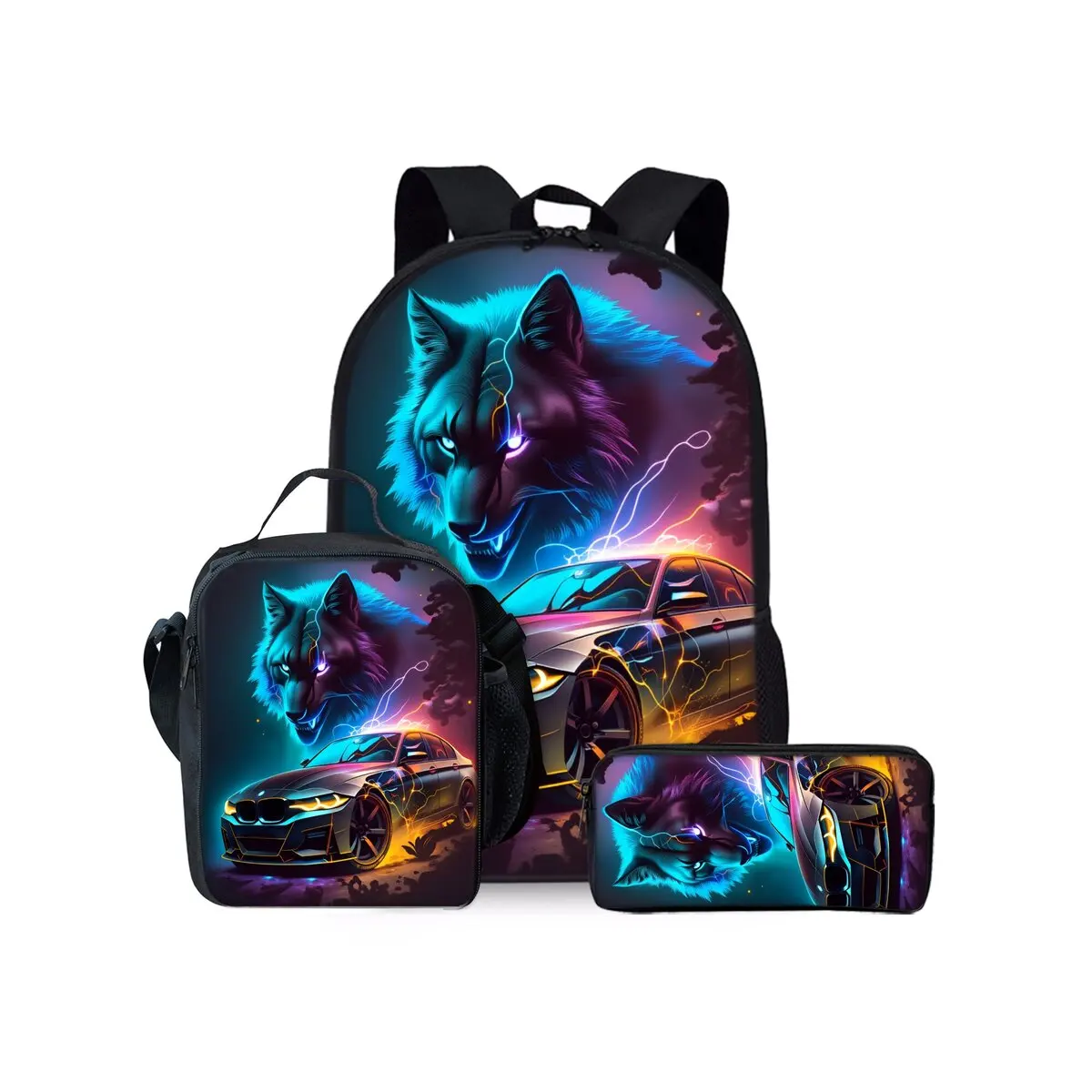 Wolf and Racing Pattern Three Piece Set Backpacks for Boy and Girls Best Gifts 2D Flat Cartoon School Backpack for Children