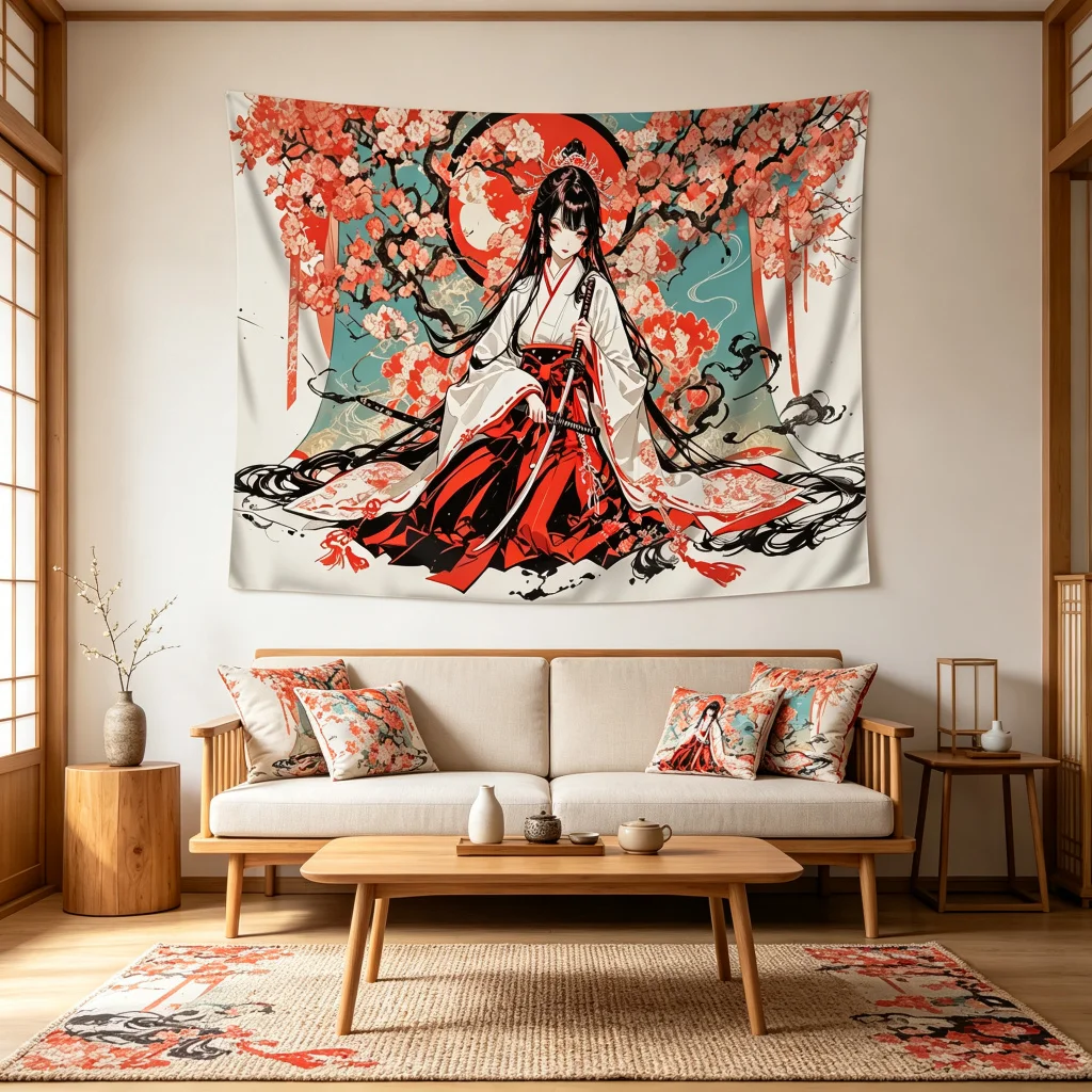1PC Japanese Samurai Sakura Print Backdrop Banner, Bedroom Living Room Photo Background, Polyester, Home Decor, Wall Art
