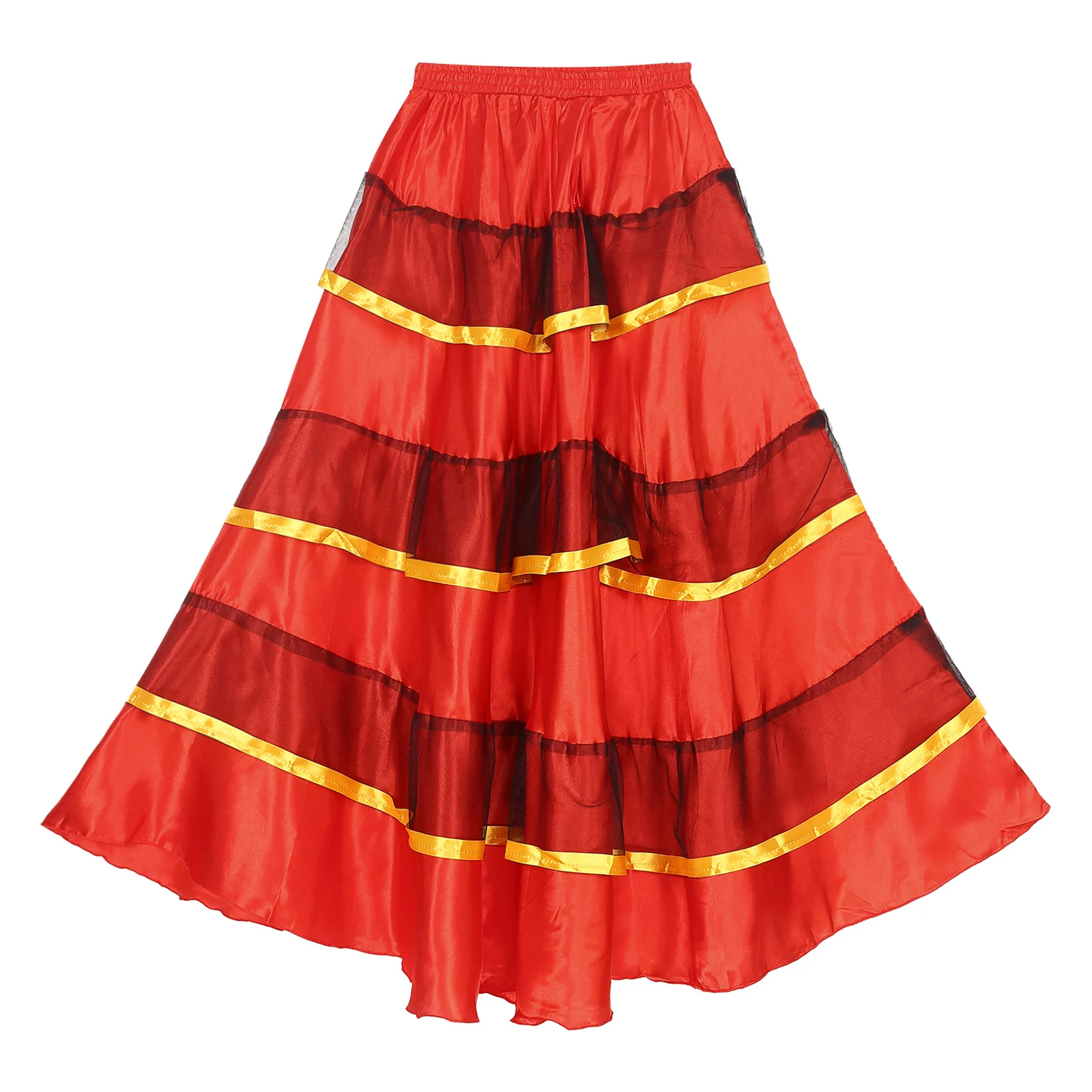 Womens Gypsy Flamenco Dance Skirt Tiered Ruffles Wide Hemline Ballroom Belly Spanish Dancing Skirts Big Swing Carnival Costume