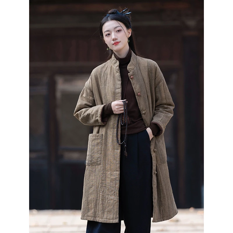 

New Winter Women Good Quality Vintage 100% Cotton Linen Long Parker O-neck Single Breasted Pocket Patchwork Casual Coats Y201