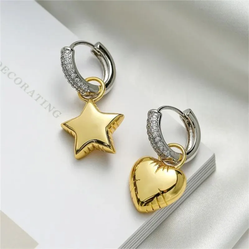 Trendy Zircon Heart Pentagram Asymmetric Color Contrast Hoop Earrings For Women Star Pendant Dangle Earrings Party Jewelry Gift