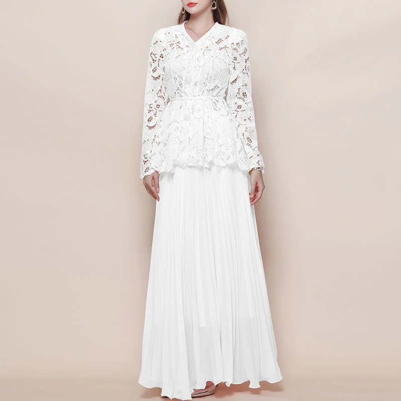 بدلة تنورة للنساء موضة نحيفة من الدانتيل بأكمام طويلة ورقبة على شكل حرف v مفرغة برباط على شكل حرف a بدلة تنورة نسائية طقم مكون من قطعتين Q1934 #1