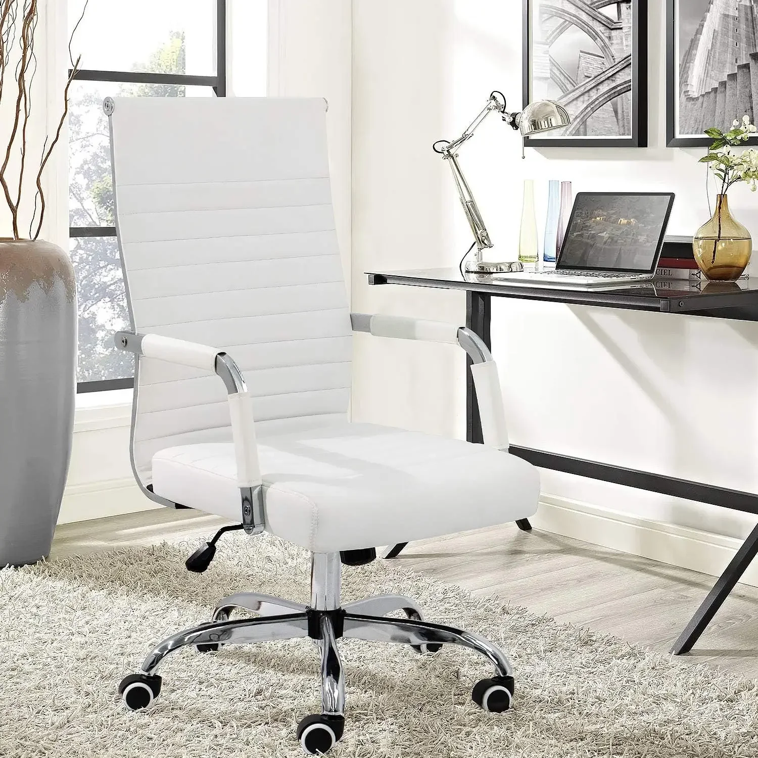 Ribbed Office Desk Mid Back Computer Chair Height Adjustable Conference Executive Task Swivel PU Leather (White)