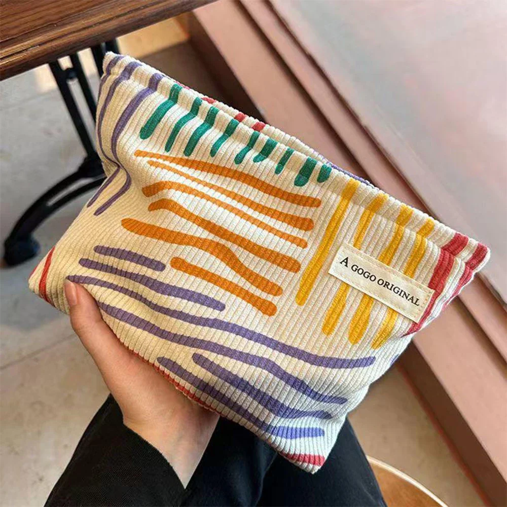 Bolsa de cosméticos de pana con rayas coloridas, neceser de viaje portátil, artículos diversos para el cuidado de la piel, bolsa de almacenaje para maquillaje estético