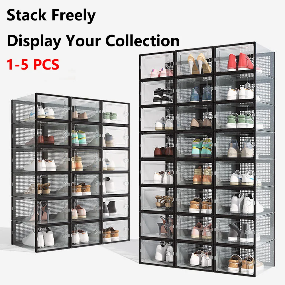 

1-5PCS Multi-Purpose Clear Shoe Box Organizer - Stackable Plastic Storage with Dust-Proof Design for Sneakers & Basketball Shoes